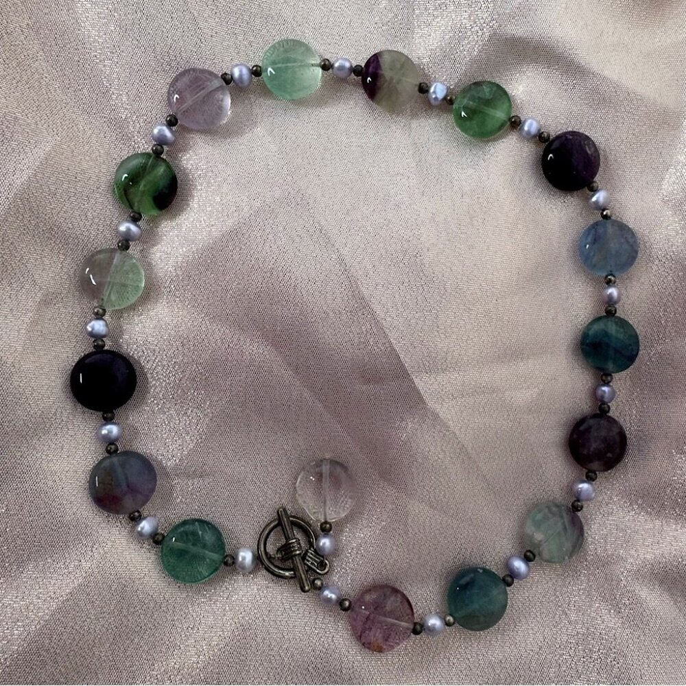 Fluorite necklace toggle beaded purple green blue crystal geode rock luxe